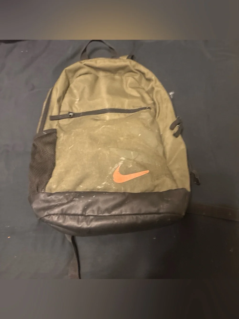 Nike Olive Green and Black Backpack with Orange Swoosh